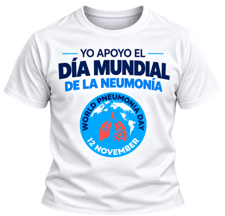 White T-shirt reading “Yo apoyo el Día Mundial de la Neumonía”