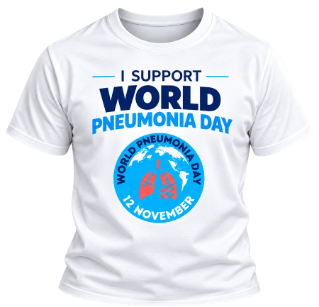White T-shirt reading “I support World Pneumonia Day”